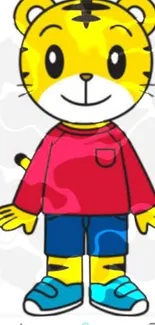 Cute cartoon tiger in red shirt and blue shorts on wallpaper.