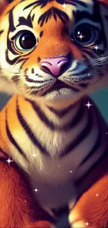 Cute cartoon tiger with bright orange and bold stripes in this mobile wallpaper.