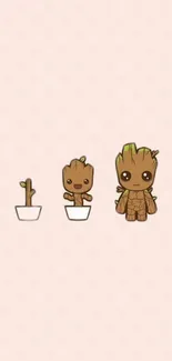 Cute cartoon tree character in growth stages on pale pink background.