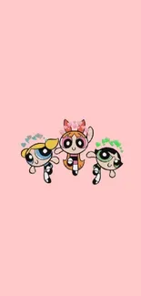 Cute cartoon trio on a pink mobile wallpaper background.