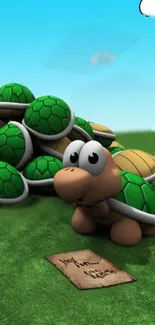 Cute cartoon turtle with green shells on a grassy background.