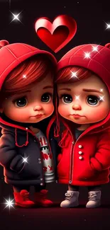 Cartoon twins in red and dark hoodies with a heart above.