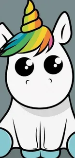 Adorable cartoon unicorn with rainbow horn on slate gray background.