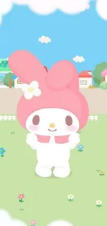 Cute cartoon character in a bright village setting with pink and blue colors.