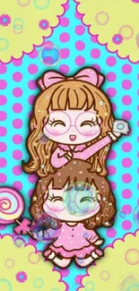 Cute cartoon girls with pink background