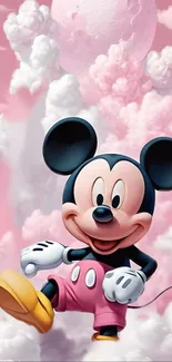 Mickey Mouse amidst pink fluffy clouds with a cheerful expression.