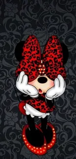 Minnie cartoon character with red outfit on a black patterned background.