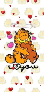 Cartoon cat hugging teddy bear on patterned background.