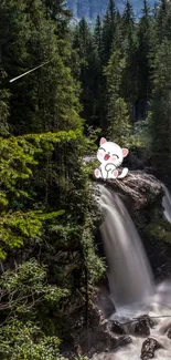 Cartoon animal on a forest waterfall background, perfect for mobile wallpaper.