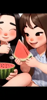 Cartoon characters sharing watermelon slice.