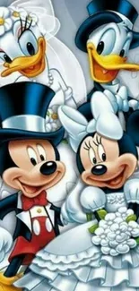 Cartoon characters dressed in wedding suits and gowns in a joyful pose.