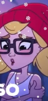 Animated girl in winter wear with red beanie and snowflakes on phone wallpaper.