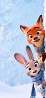 Fox and rabbit peeking from snowy wall.