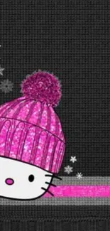 Cute cartoon wallpaper with pink hat and black background.