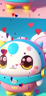 Cute cartoon character with colorful heart animation background.