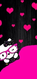 Cute wallpaper with pink hearts and cartoon character on a black background.