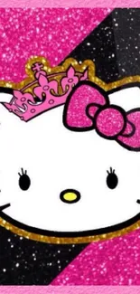 Hello Kitty with pink glitter crown on mobile wallpaper.