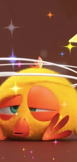 Cute sleepy cartoon yellow bird with stars and rings.