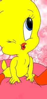 Adorable yellow cartoon bird winking on a pink background.