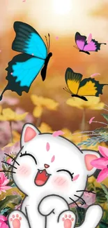 A cute cartoon cat with butterflies and flowers in a sunny garden.