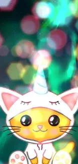 Cartoon cat in unicorn outfit with aurora backdrop on a mobile wallpaper.