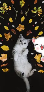 Cute cat with autumn leaves on a black background.