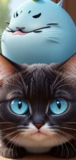 Cute cat and blue blob in playful mobile wallpaper.