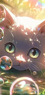 Cartoon cat with bubbles in a whimsical setting, colorful and playful.