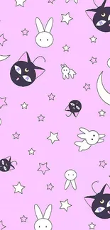 Cute mobile wallpaper with cats, bunnies, and stars on pastel purple.