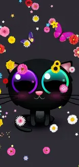 Cute cat with big eyes and butterflies on dark gray background.