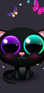 Cartoon black cat with colorful eyes and butterflies on a starry background.