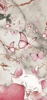 Cute cat with heart and pink butterflies on marble wallpaper.