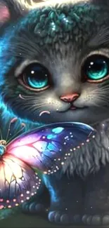 Cute cat with big eyes and a colorful butterfly in digital art style.