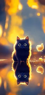 Cute black cat and fluffy chick reflected on water in glowing forest scene.