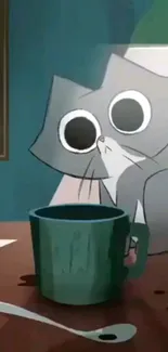 Charming cartoon cat with big eyes and a coffee cup on a wooden table.