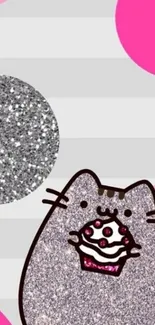 Cute glittery cat with cupcake and pink circles wallpaper.