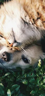 Cat and dog cuddling on green grass.