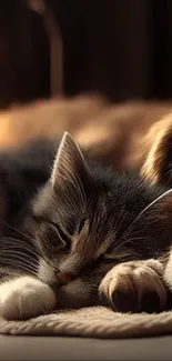 Cozy cat and dog snuggled together in warm lighting.