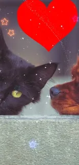 Cute black cat and dog with a red heart overhead.