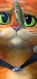 Cute orange cartoon cat with a fish, green eyes, and dark cape.