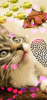 Cute kitten dreams of fish with heart on warm brown background.