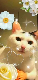 Charming cat adorned with flowers and soft heart designs.