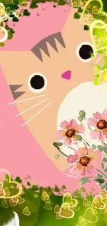 Cartoon cat with flowers and green hearts wallpaper.