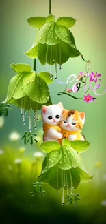 Cute cats with green flowers mobile wallpaper