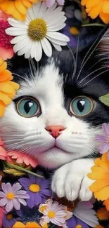 Adorable cat surrounded by vibrant flowers.