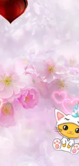 Cute cat and pink flowers with hearts on a mobile wallpaper.