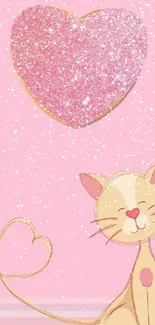 Cute cat with pink glitter heart wallpaper.