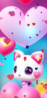 Kawaii cat with heart balloons on pink wallpaper.