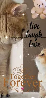 Cute cat and kitten with loving quote on beige wallpaper.