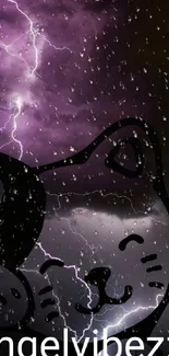 Cute cat silhouette with purple lightning and rain on phone wallpaper.